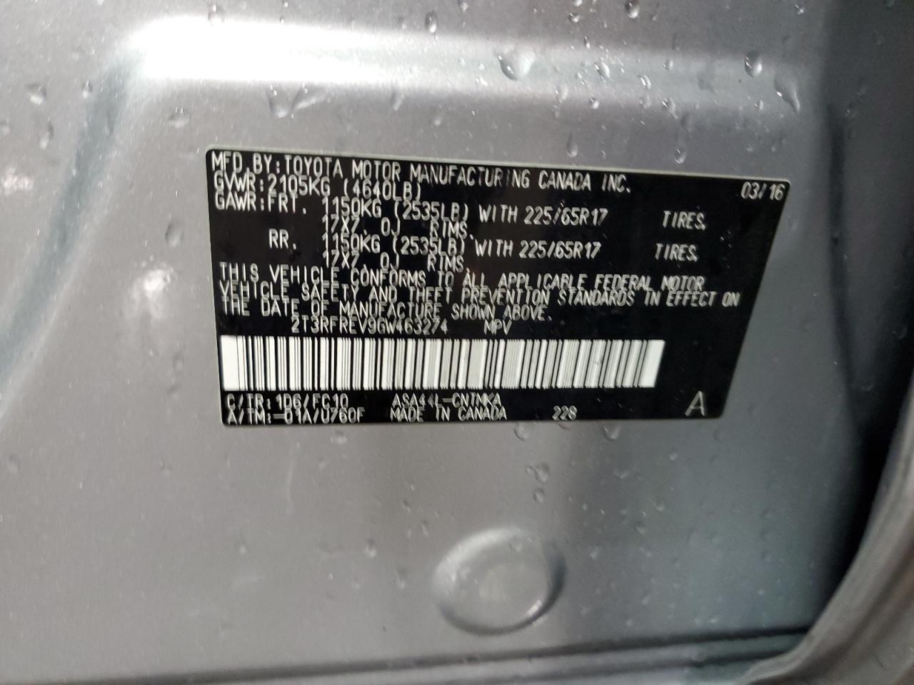 2T3RFREV9GW463274 TOYOTA RAV4 2016
