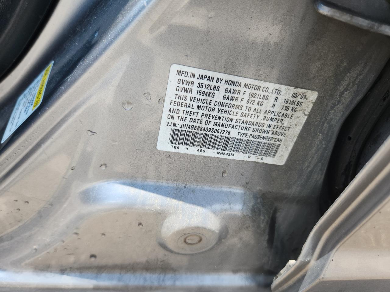 2009 Honda Fit Sport VIN: JHMGE88439S067276 Lot: 61957835