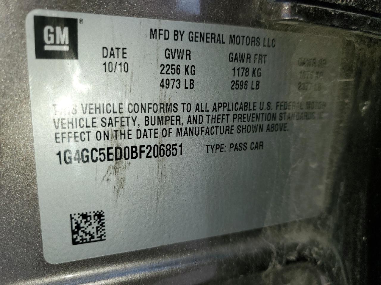 2011 Buick Lacrosse Cxl VIN: 1G4GC5ED0BF206851 Lot: 60130925