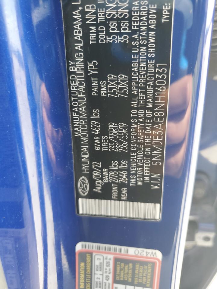 2022 Hyundai Tucson Limited VIN: 5NMJE3AE8NH160331 Lot: 61436105