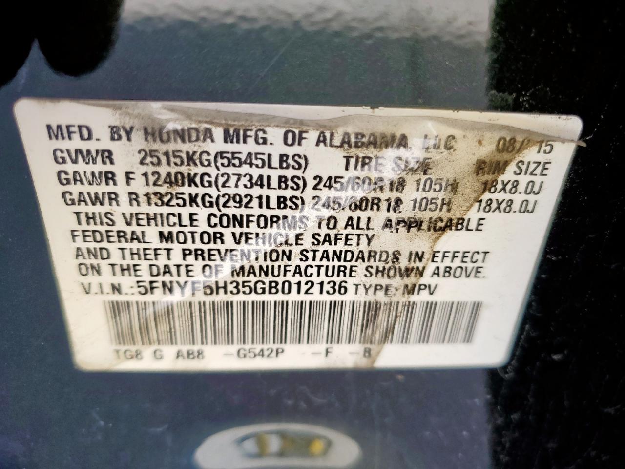 2016 Honda Pilot Ex VIN: 5FNYF5H35GB012136 Lot: 62863425