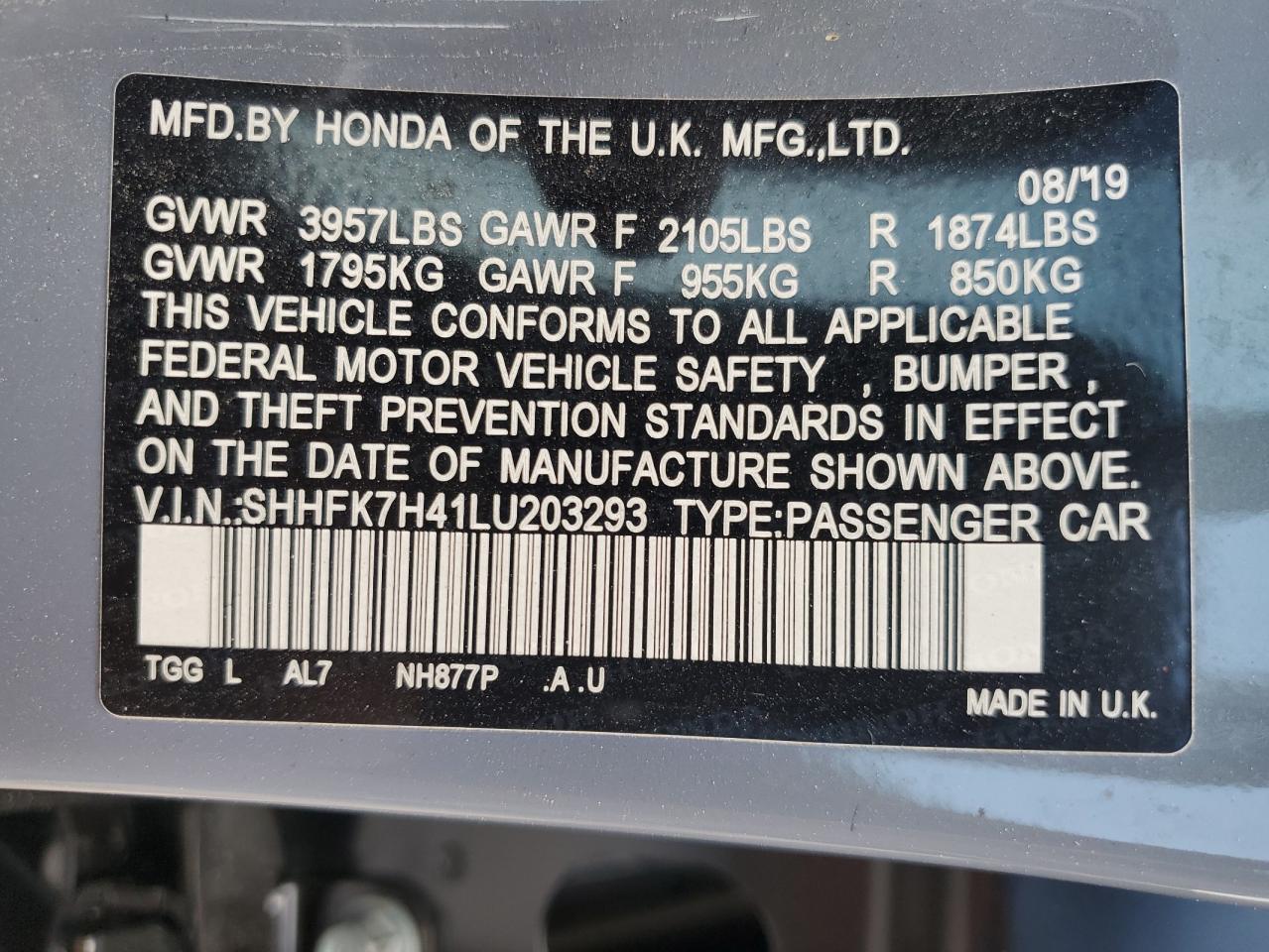 2020 Honda Civic Sport VIN: SHHFK7H41LU203293 Lot: 89454725