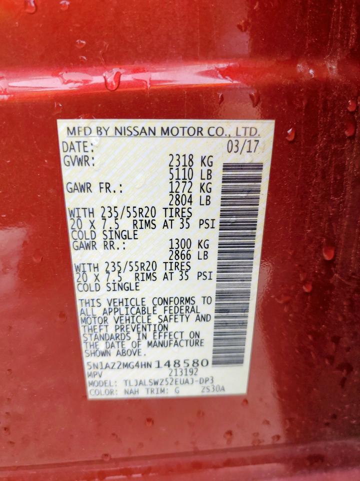 2017 Nissan Murano S VIN: 5N1AZ2MG4HN148580 Lot: 62285775