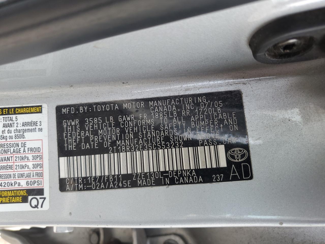 2005 Toyota Corolla Ce VIN: 2T1BR32E35C553232 Lot: 60236425