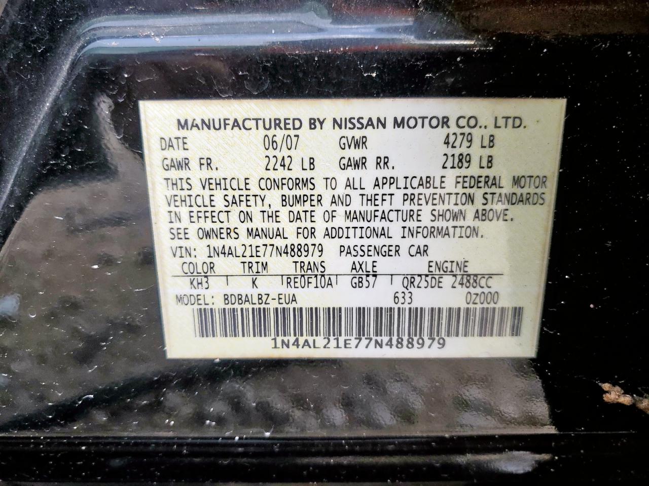 2007 Nissan Altima 2.5 VIN: 1N4AL21E77N488979 Lot: 60700915