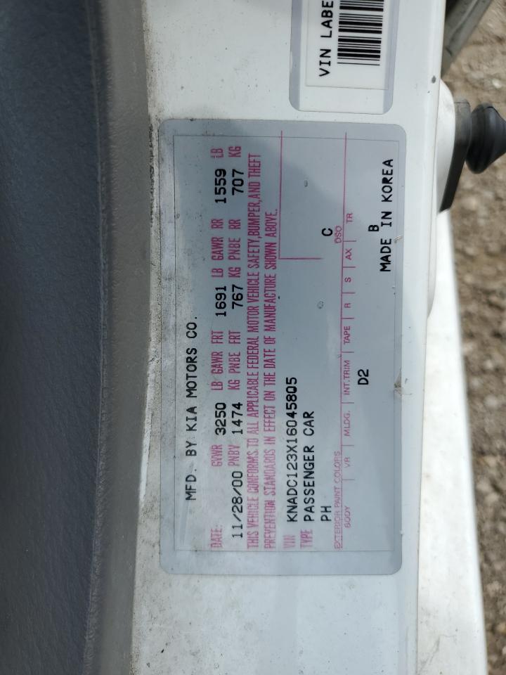 2001 Kia Rio VIN: KNADC123X16045805 Lot: 60783965