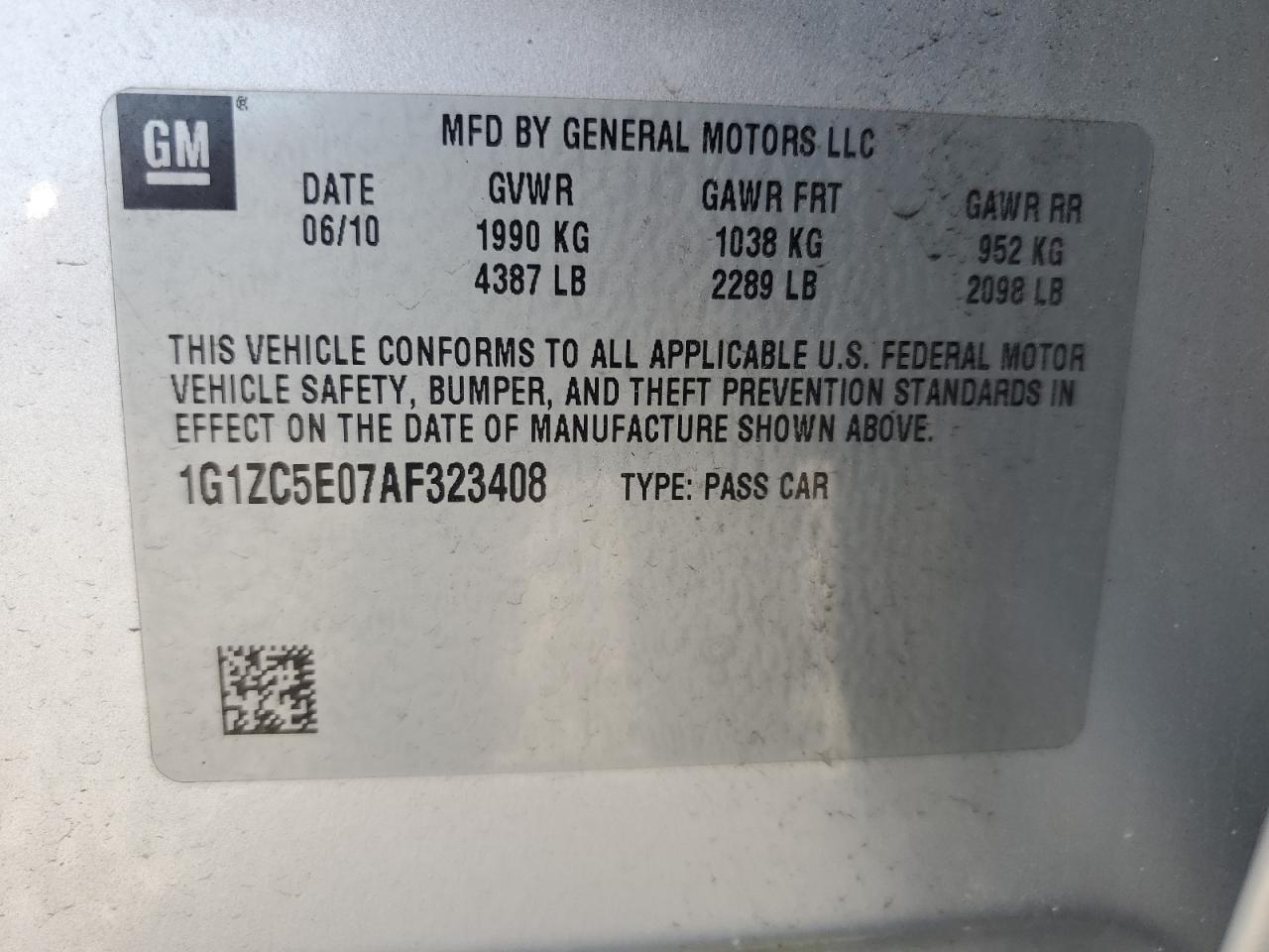 2010 Chevrolet Malibu 1Lt VIN: 1G1ZC5E07AF323408 Lot: 60736365