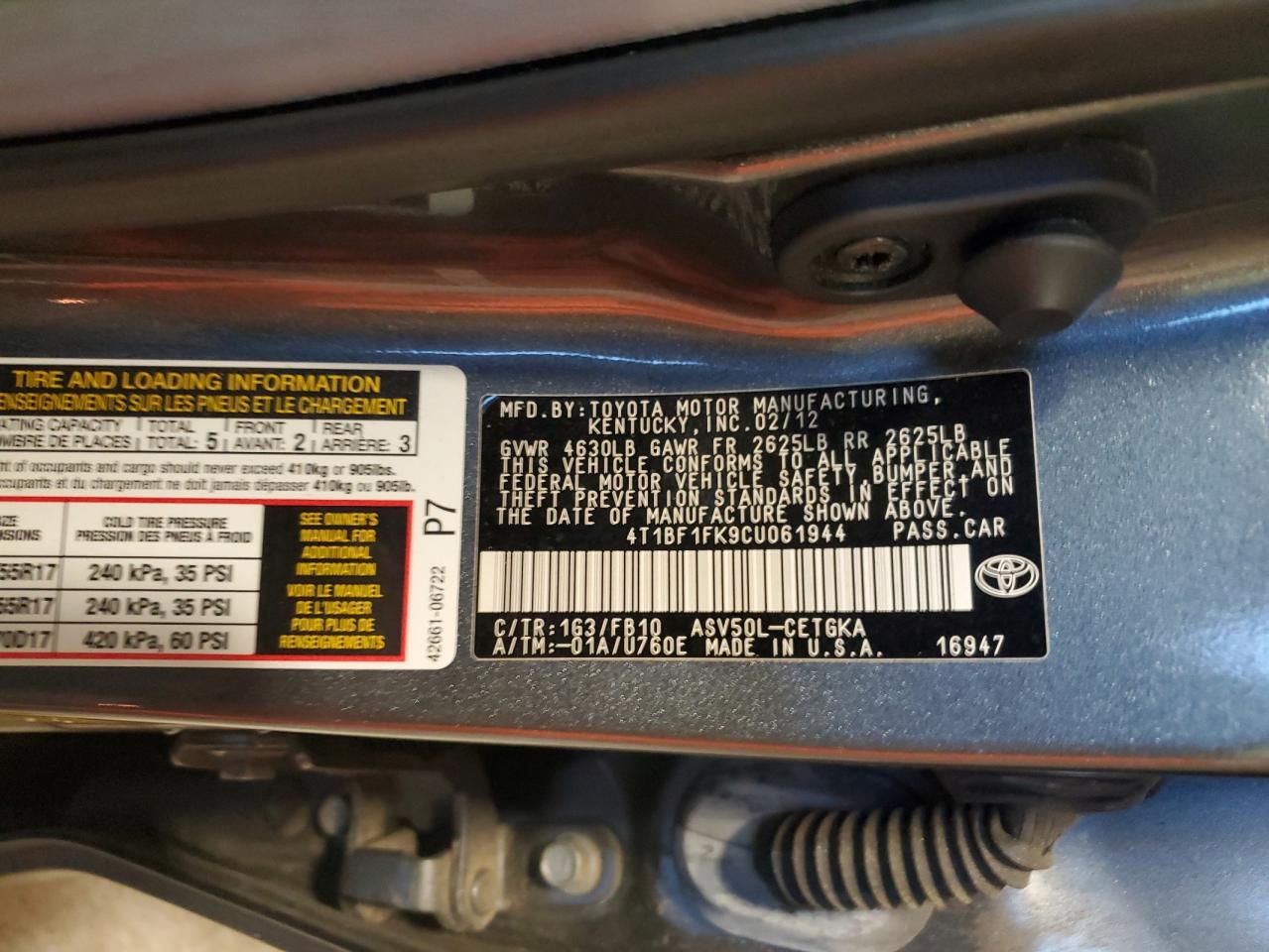 TOYOTA CAMRY 2012 VIN 4T1BFK9CU061944 фото 12