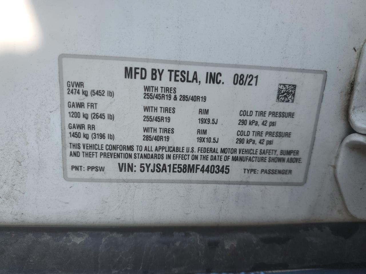 2021 Tesla Model S VIN: 5YJSA1E58MF440345 Lot: 60188245