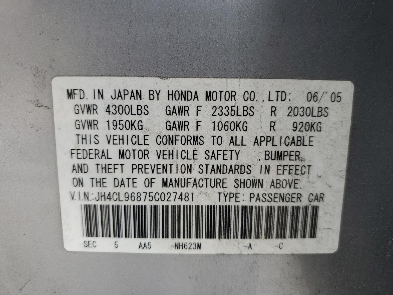 2005 Acura Tsx VIN: JH4CL96875C027481 Lot: 58846195