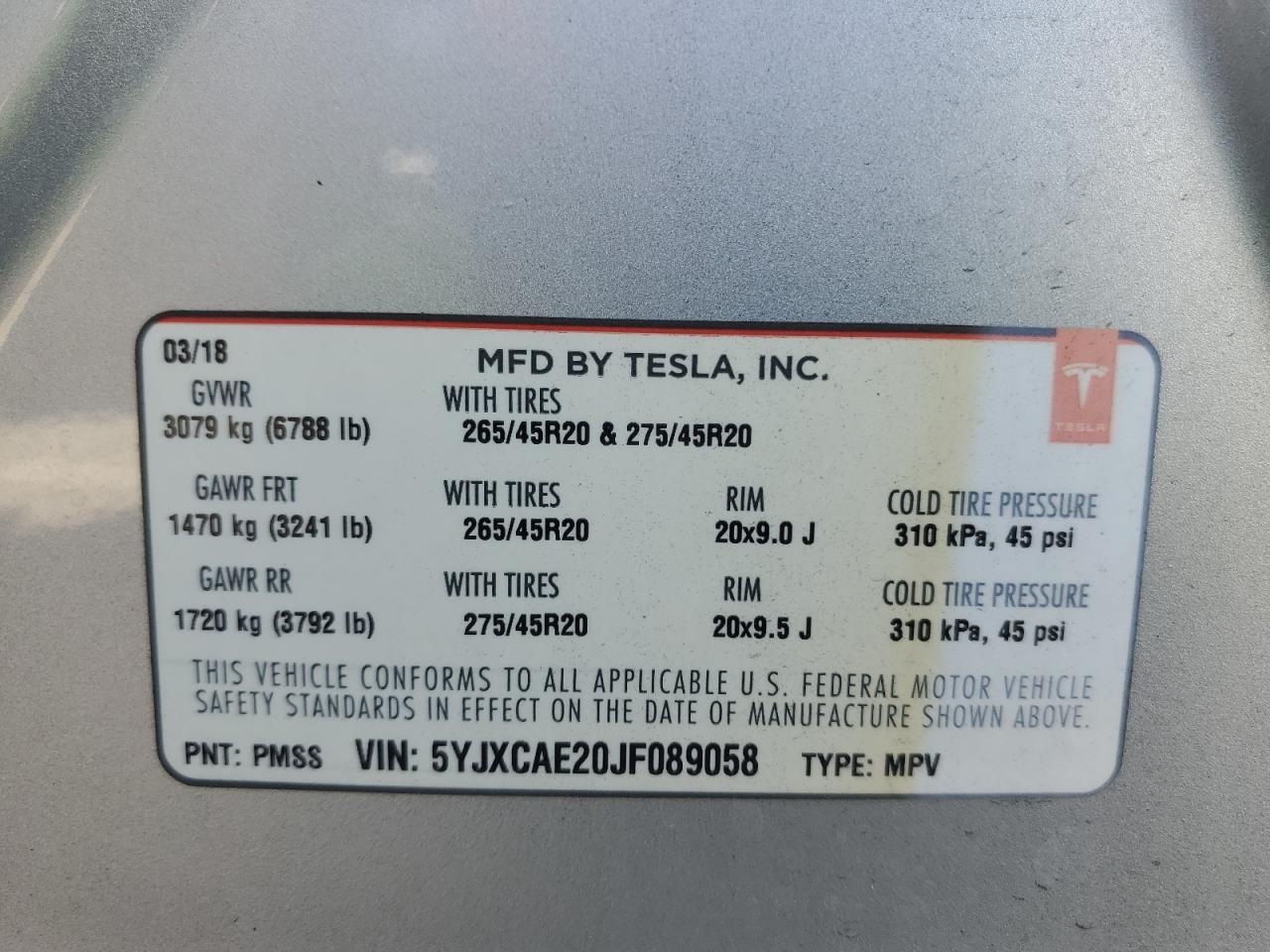 2018 Tesla Model X VIN: 5YJXCAE20JF089058 Lot: 60664915