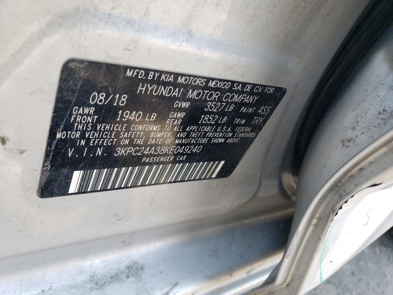 2019 Hyundai Accent Se VIN: 3KPC24A38KE049240 Lot: 59791435