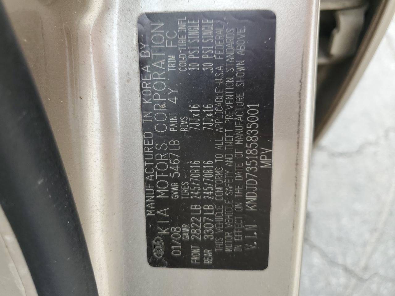 2008 Kia Sorento Ex VIN: KNDJD735185835001 Lot: 61686275
