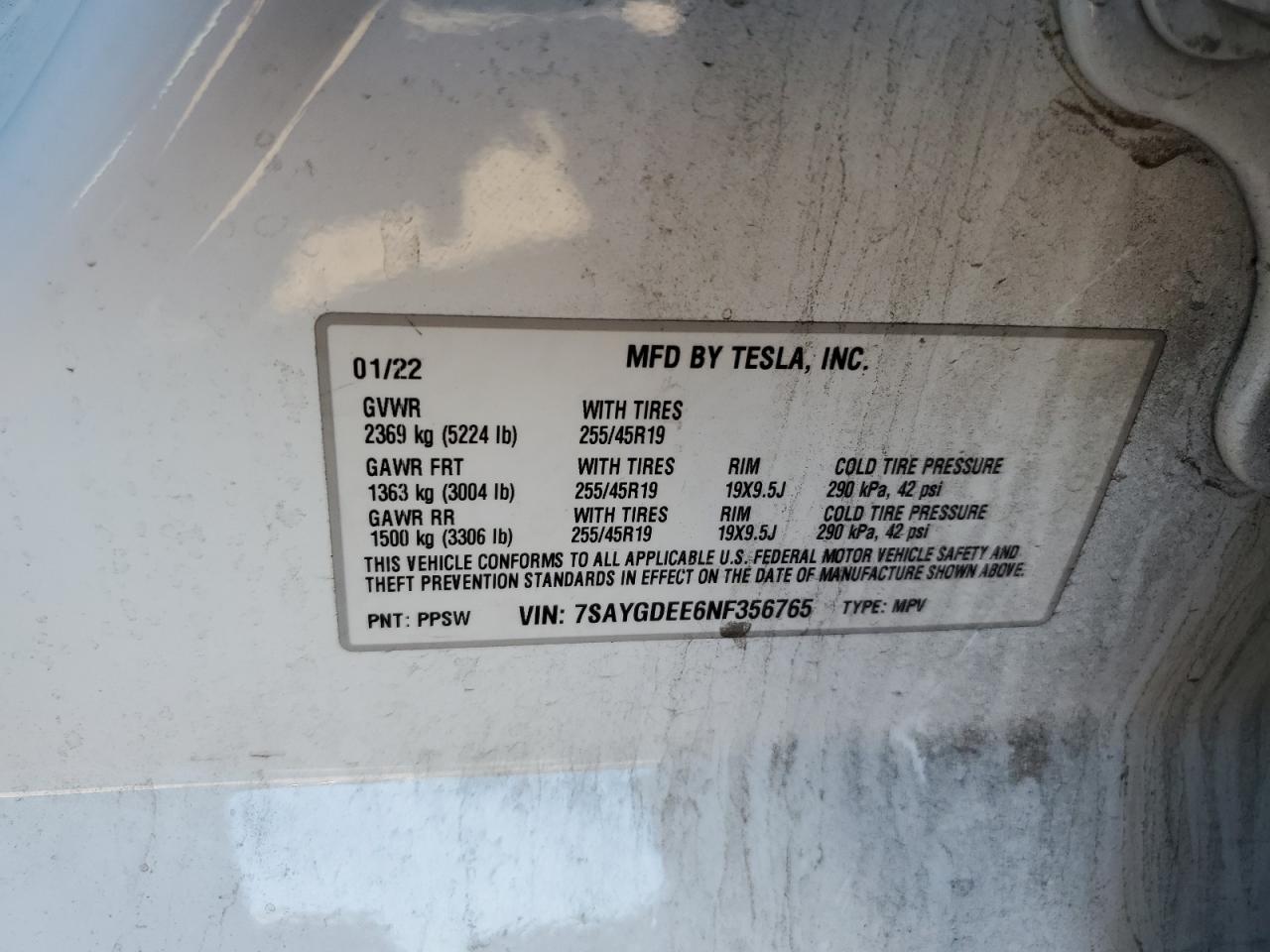 2022 Tesla Model Y VIN: 7SAYGDEE6NF356765 Lot: 62488365