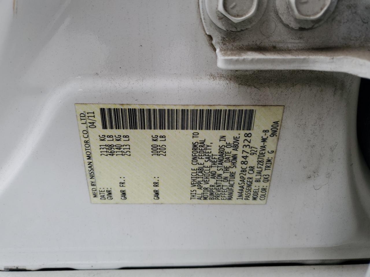2011 Nissan Maxima S VIN: 1N4AA5AP2BC847328 Lot: 62608625