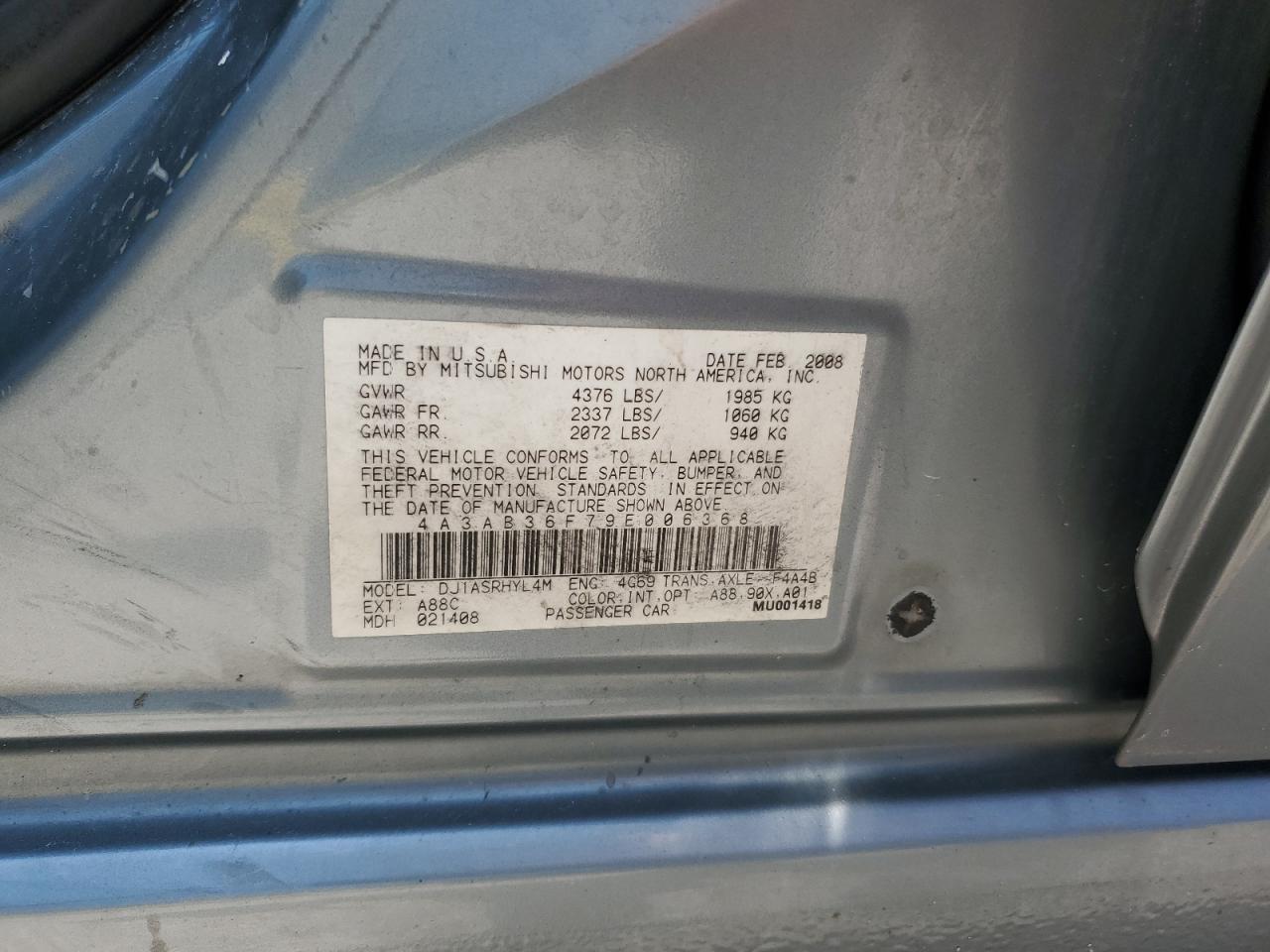 2009 Mitsubishi Galant Es VIN: 4A3AB36F79E006368 Lot: 61194915