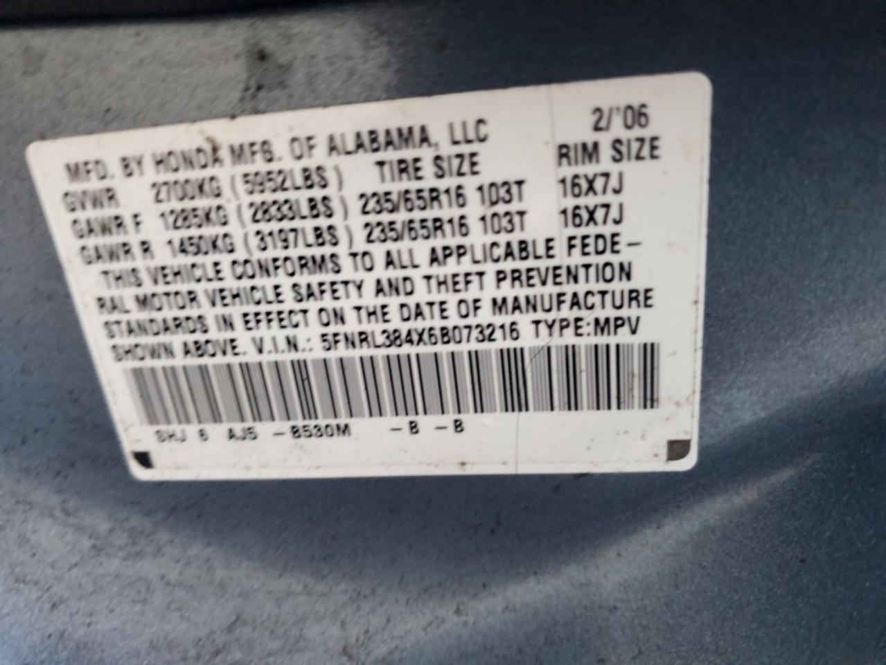 2006 Honda Odyssey Ex VIN: 5FNRL384X6B073216 Lot: 61671295