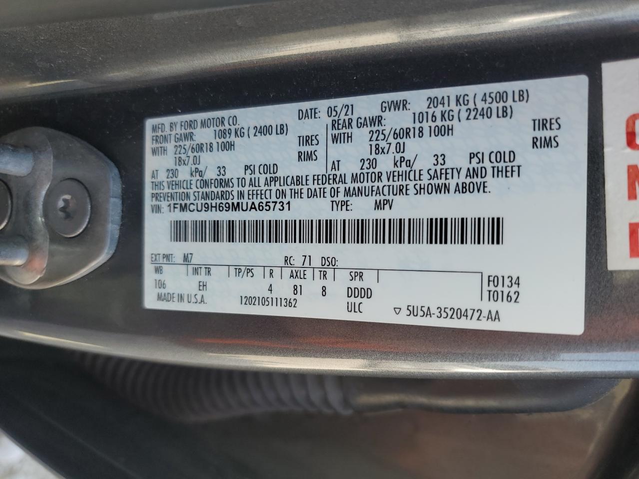 2021 Ford Escape Sel VIN: 1FMCU9H69MUA65731 Lot: 59890575