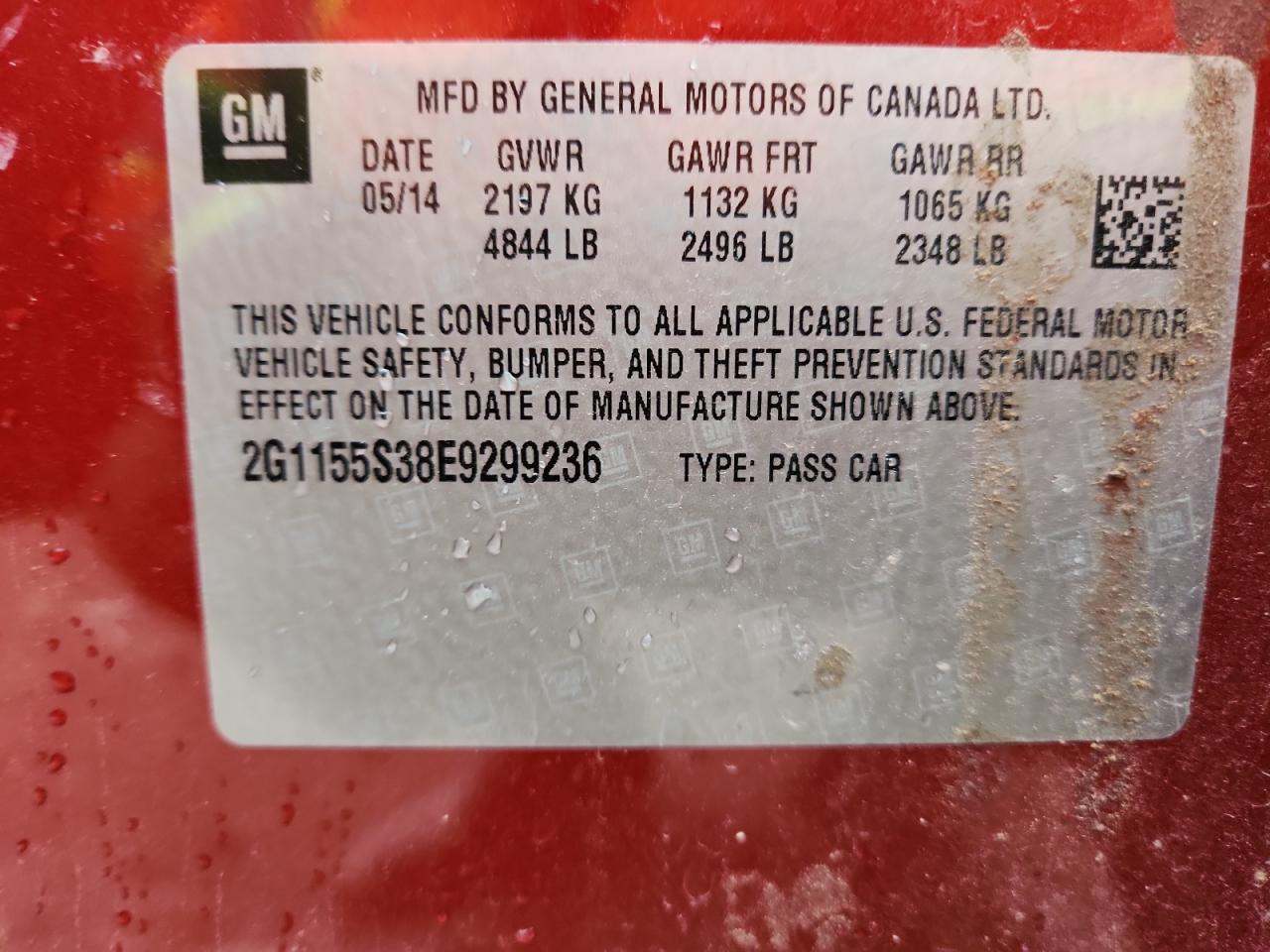 2014 Chevrolet Impala Ltz VIN: 2G1155S38E9299236 Lot: 62701355