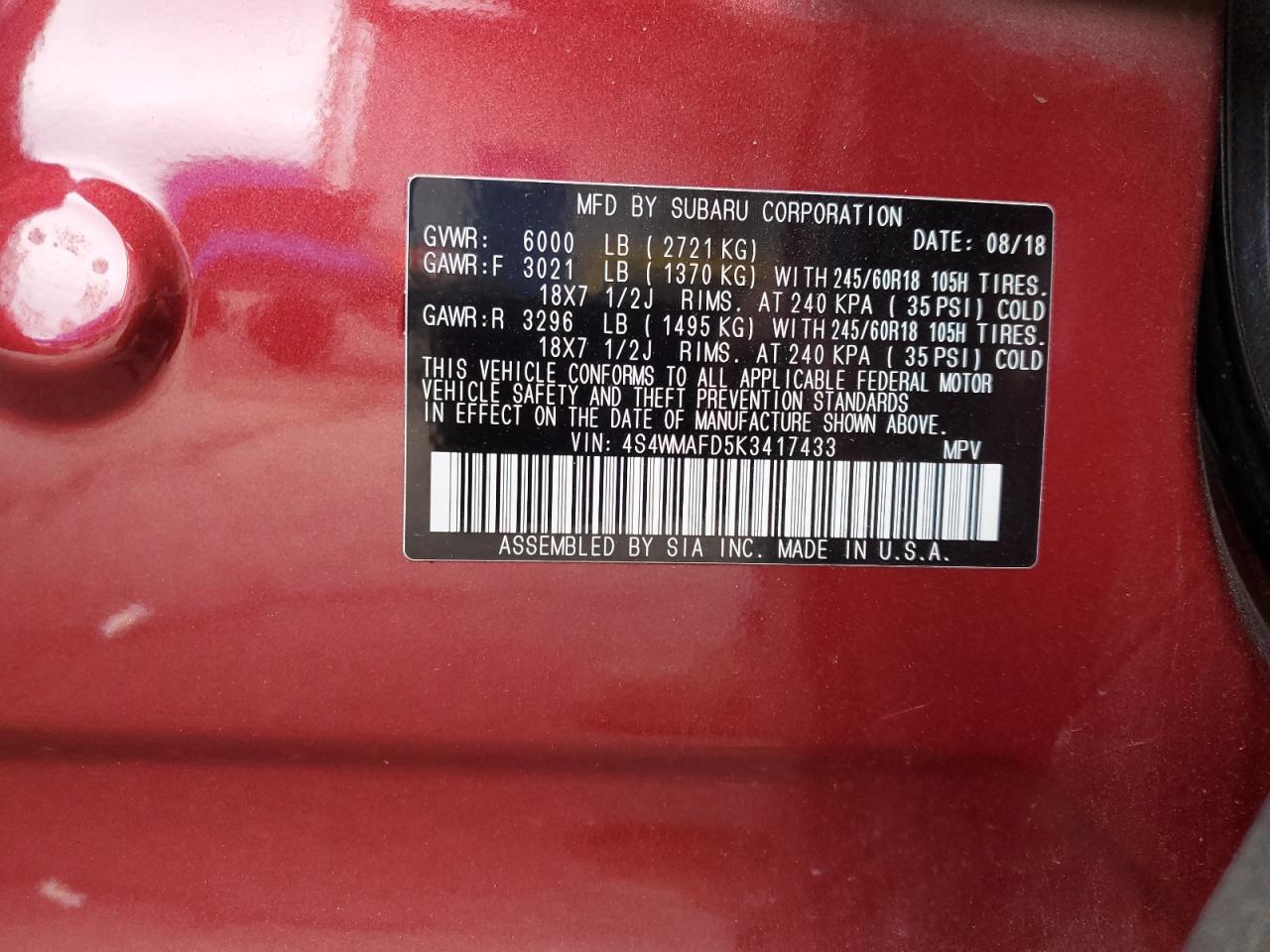 2019 Subaru Ascent Premium VIN: 4S4WMAFD5K3417433 Lot: 63087425