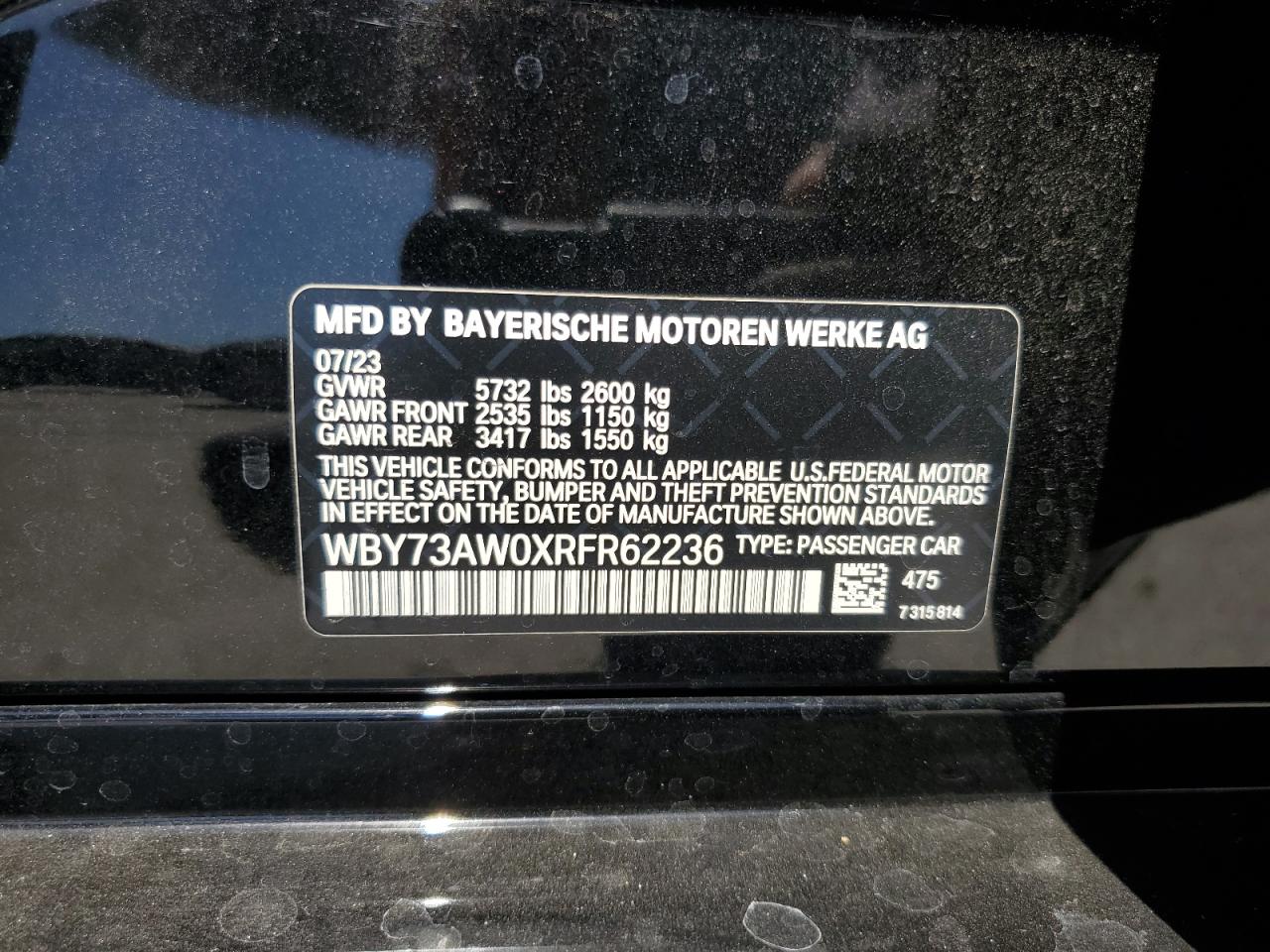 2024 BMW I4 Edrive 40 VIN: WBY73AW0XRFR62236 Lot: 61538805