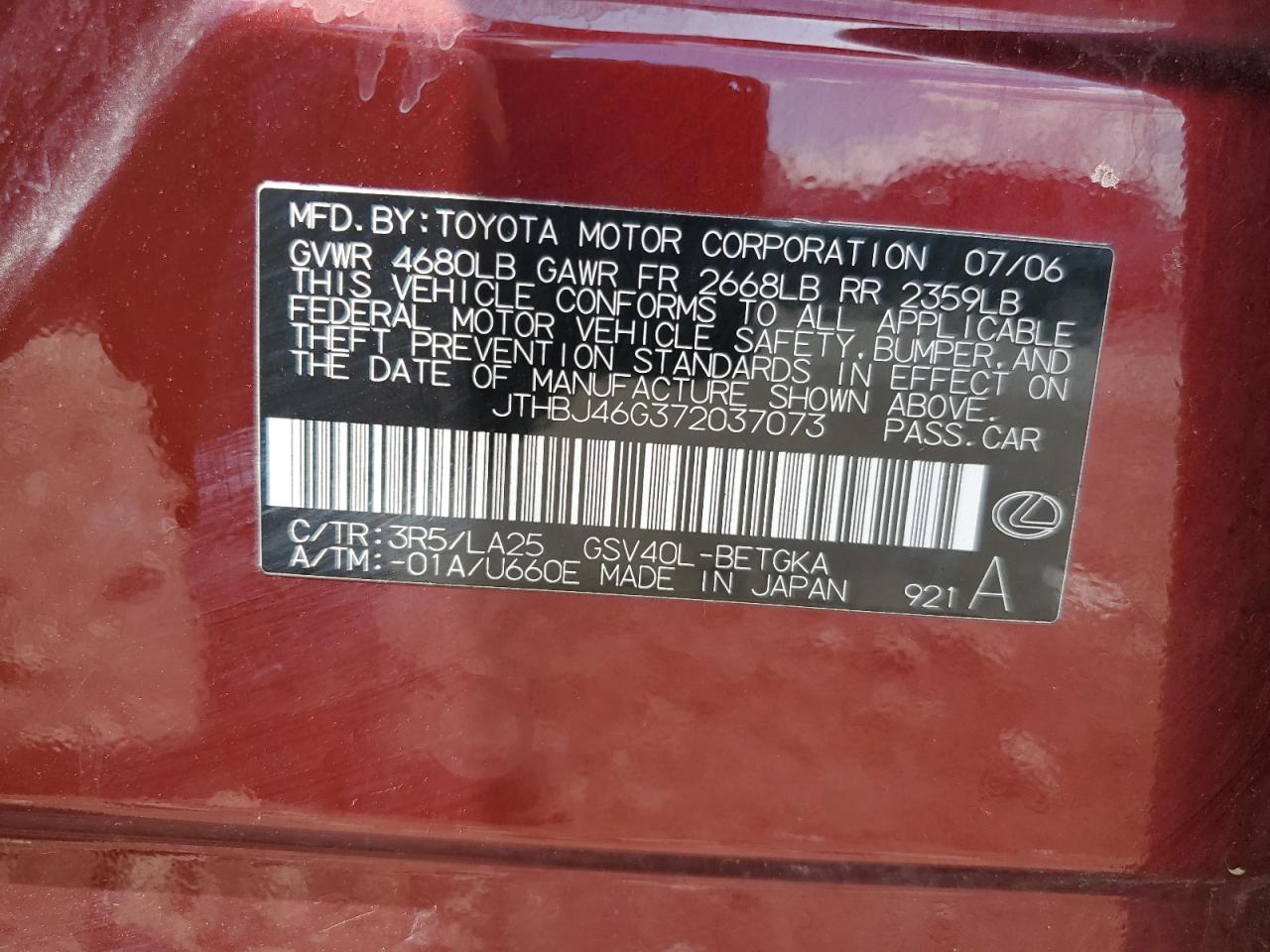 2007 Lexus Es 350 VIN: JTHBJ46G372037073 Lot: 62949775