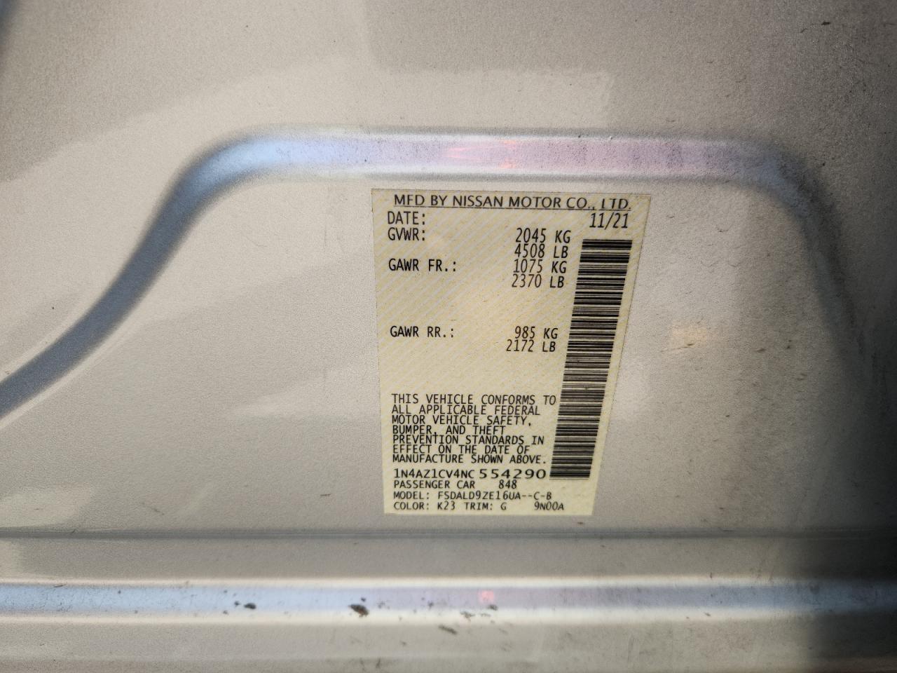 2022 Nissan Leaf Sv VIN: 1N4AZ1CV4NC554290 Lot: 61042995