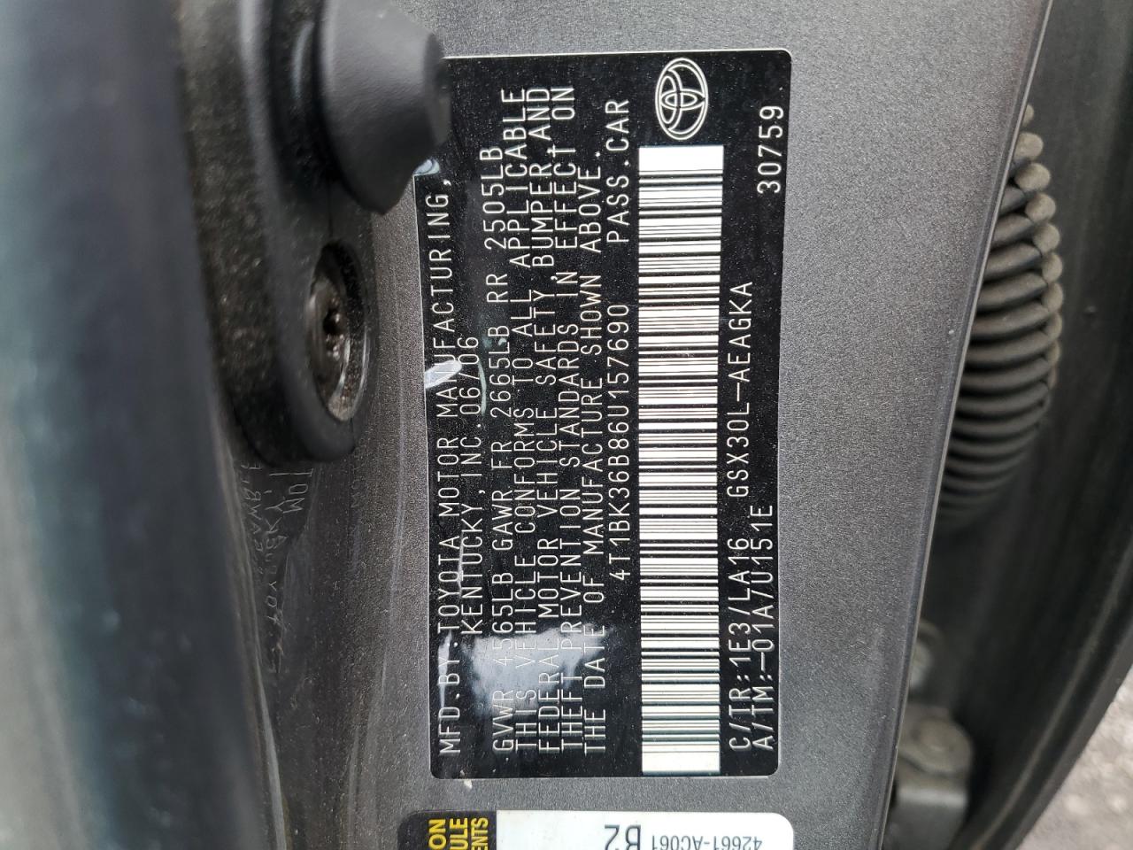 2006 Toyota Avalon Xl VIN: 4T1BK36B86U157690 Lot: 61510365