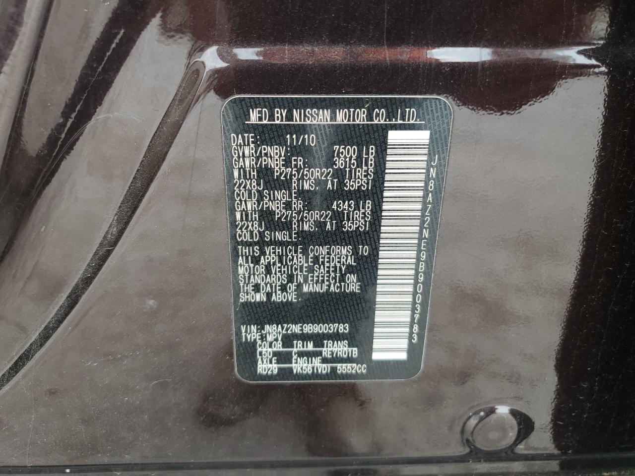 2011 Infiniti Qx56 VIN: JN8AZ2NE9B9003783 Lot: 59209015