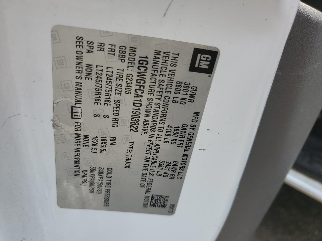 2013 Chevrolet Express G2500 VIN: 1GCWGFCA1D1903822 Lot: 62465755