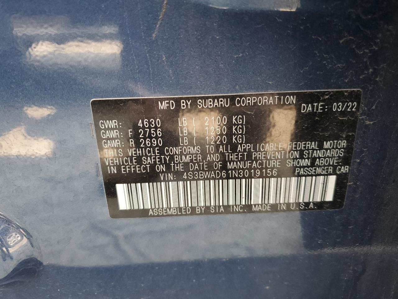 2022 Subaru Legacy Premium VIN: 4S3BWAD61N3019156 Lot: 58834065