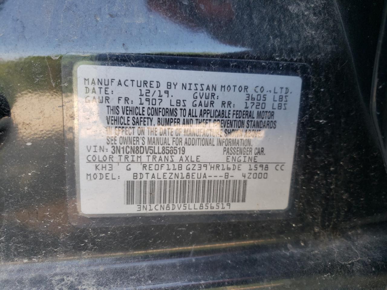 NISSAN VERSA 2020 VIN 3N1CN8DV5LL856519 zdjęcie 12