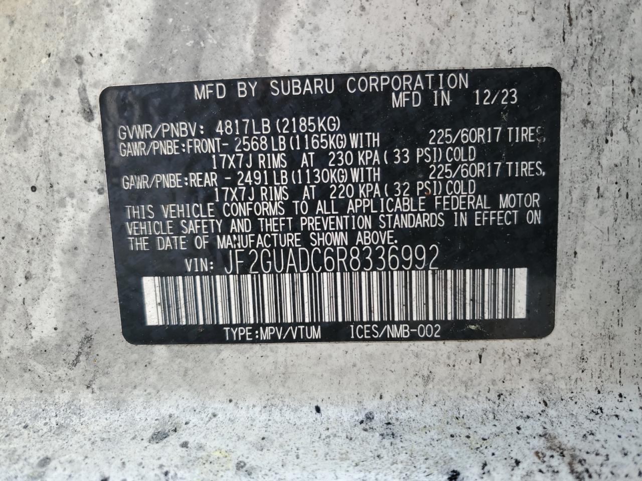 2024 Subaru Crosstrek Premium VIN: JF2GUADC6R8336992 Lot: 59058575