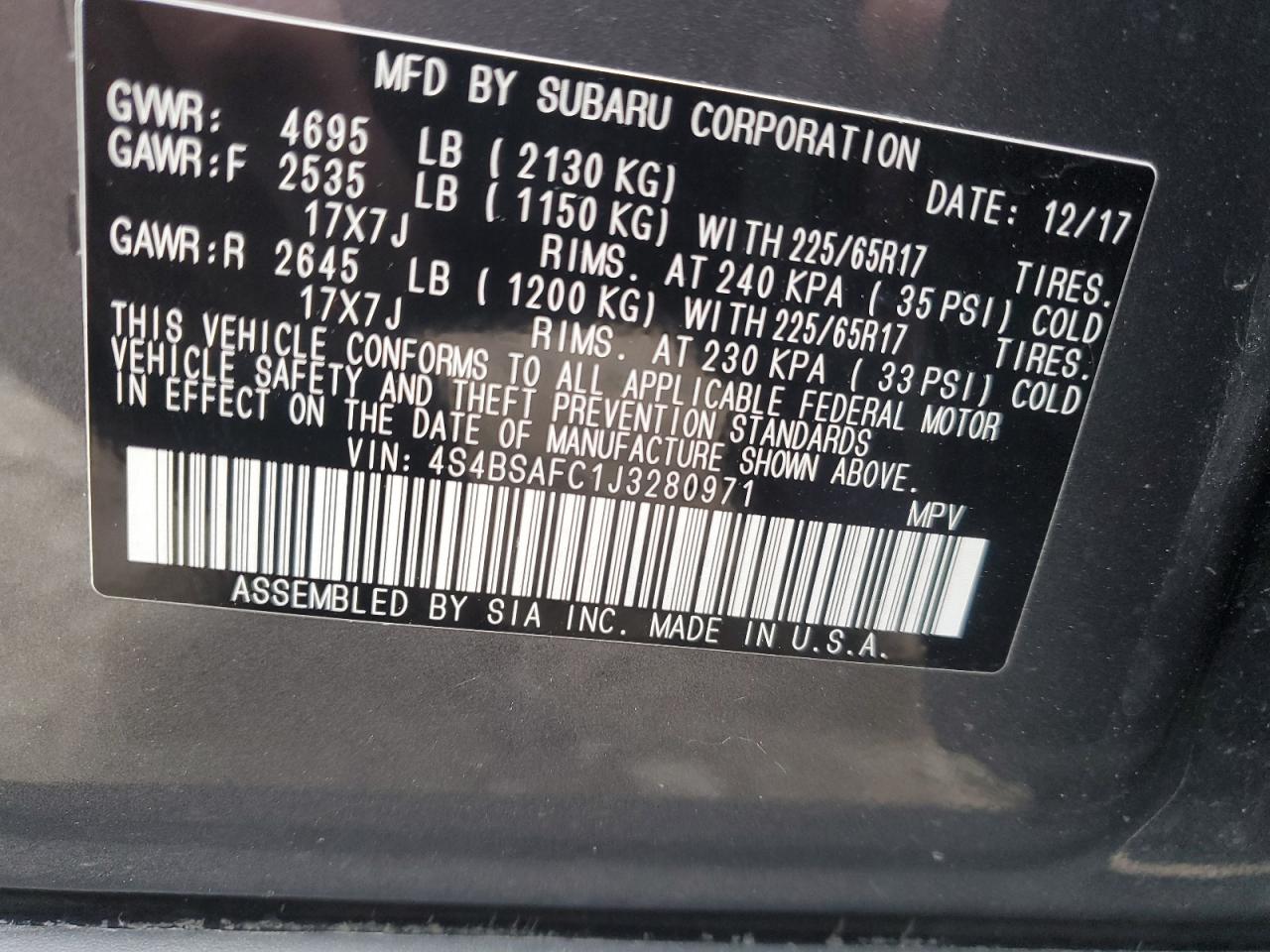 2018 Subaru Outback 2.5I Premium VIN: 4S4BSAFC1J3280971 Lot: 60236715