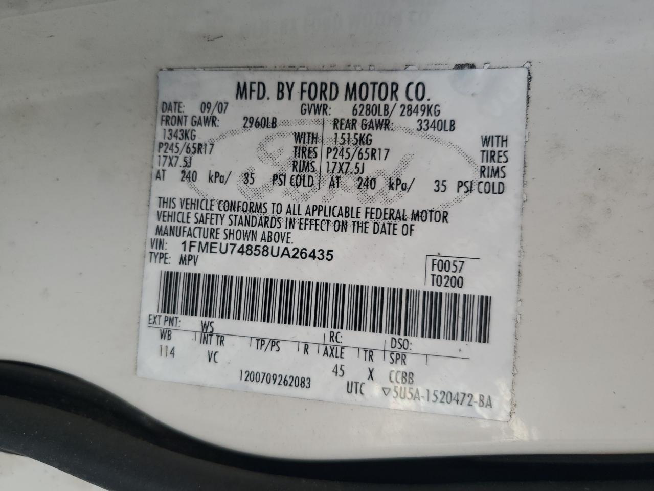 2008 Ford Explorer Eddie Bauer VIN: 1FMEU74858UA26435 Lot: 62370115