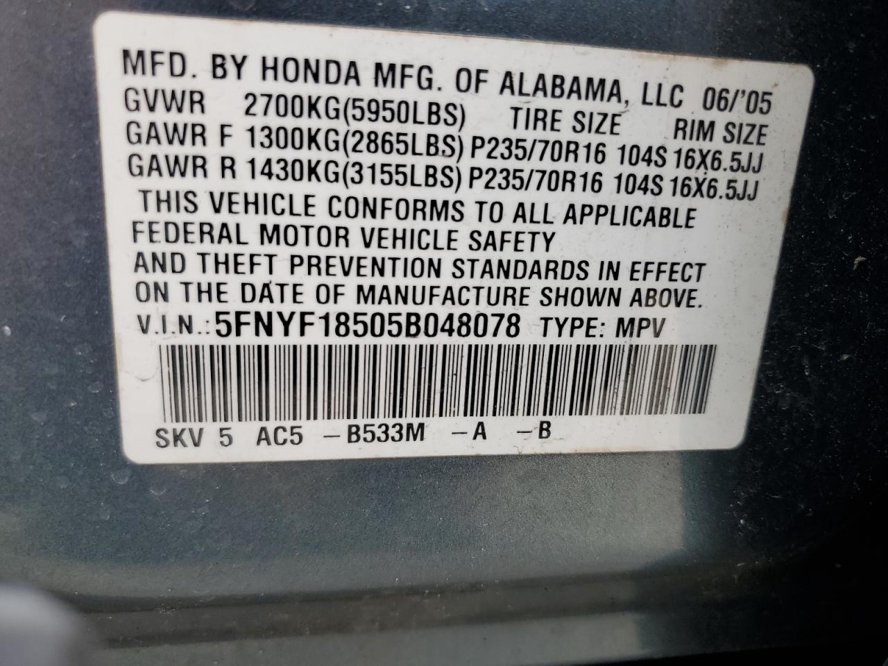 2005 Honda Pilot Exl VIN: 5FNYF18505B048078 Lot: 62709055