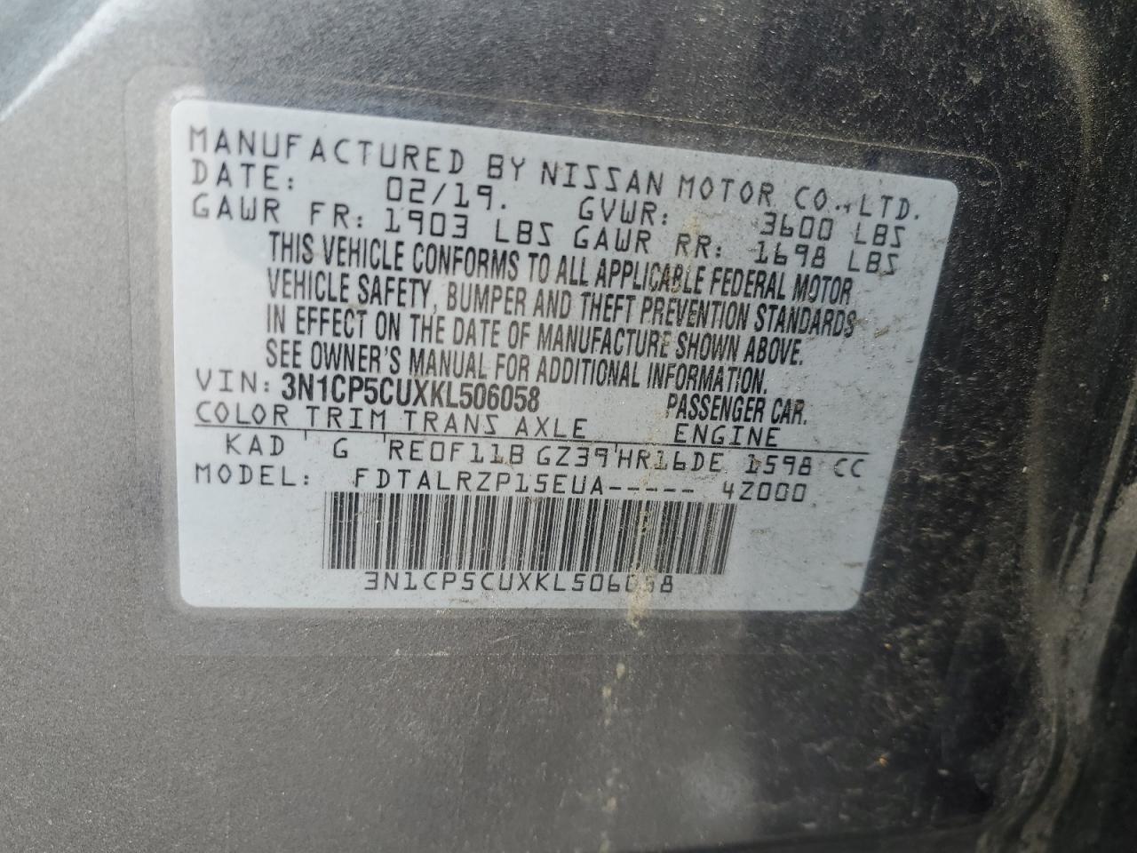 2019 Nissan Kicks S VIN: 3N1CP5CUXKL506058 Lot: 62313035