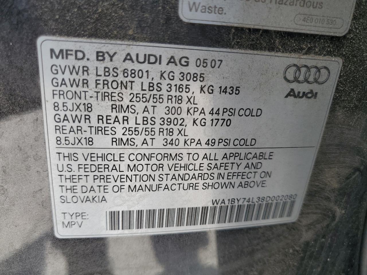 2008 Audi Q7 3.6 Quattro Premium VIN: WA1BY74L38D002080 Lot: 62533365