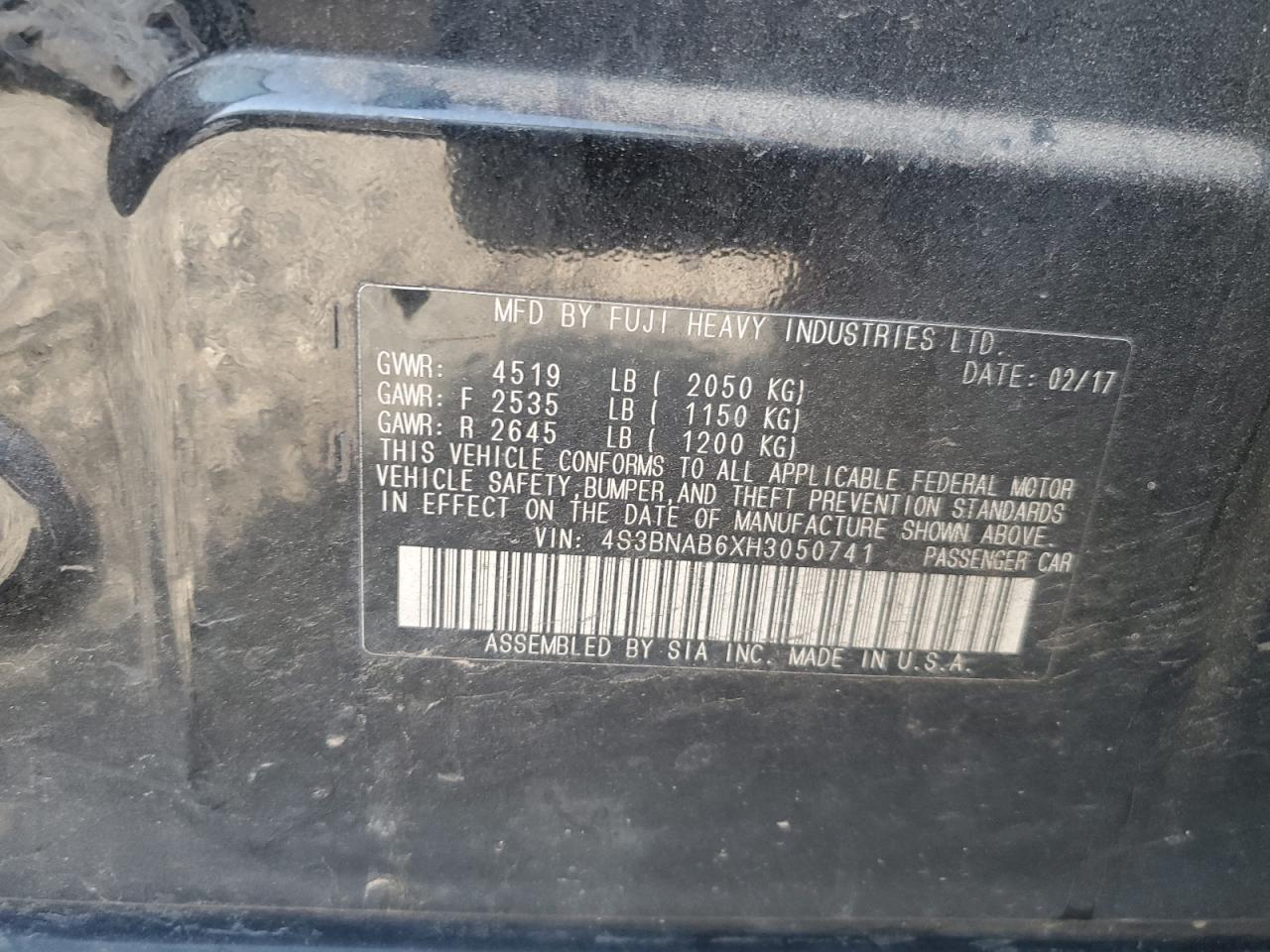 2017 Subaru Legacy 2.5I VIN: 4S3BNAB6XH3050741 Lot: 60322875