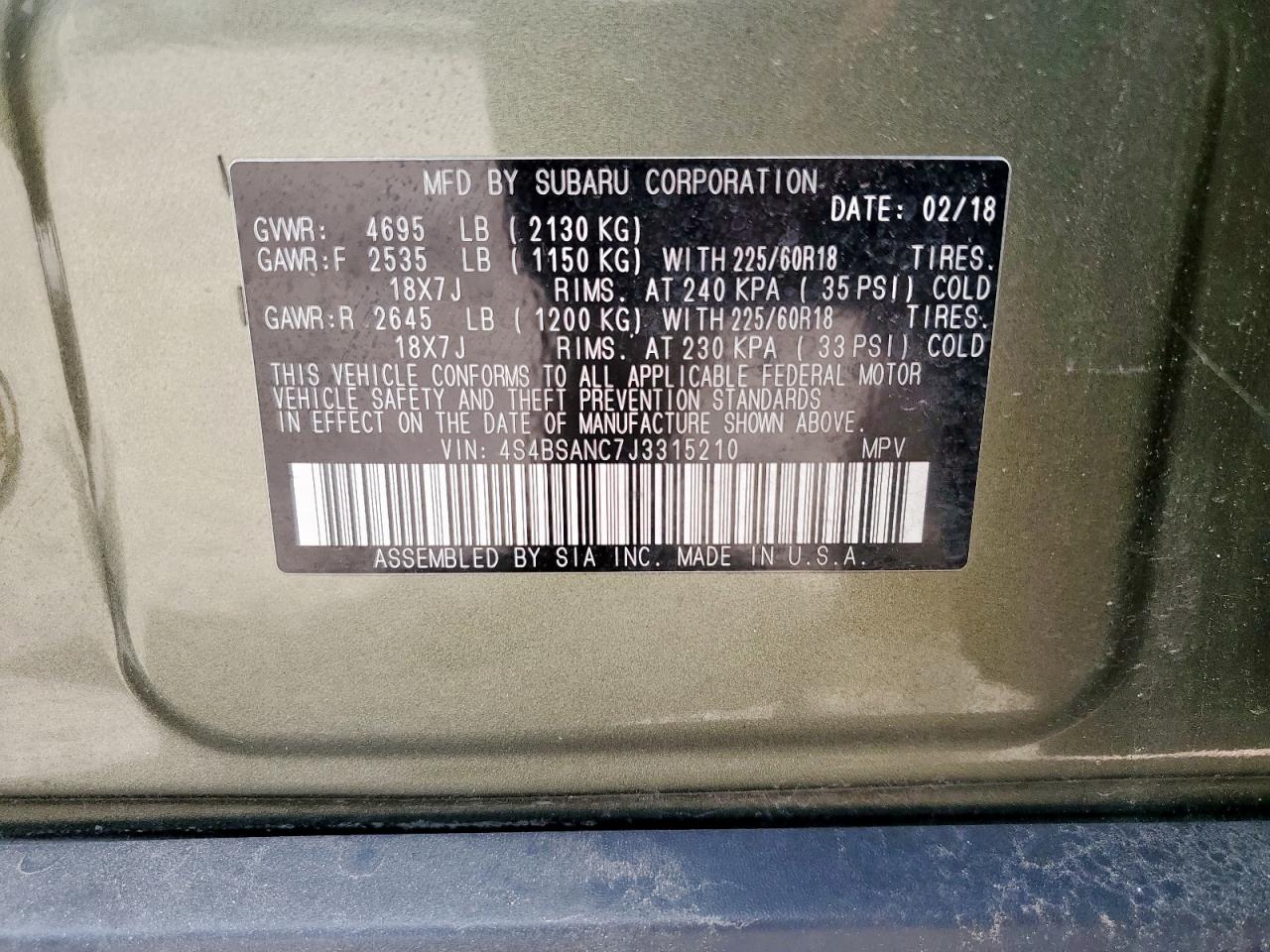 2018 Subaru Outback 2.5I Limited VIN: 4S4BSANC7J3315210 Lot: 62778865