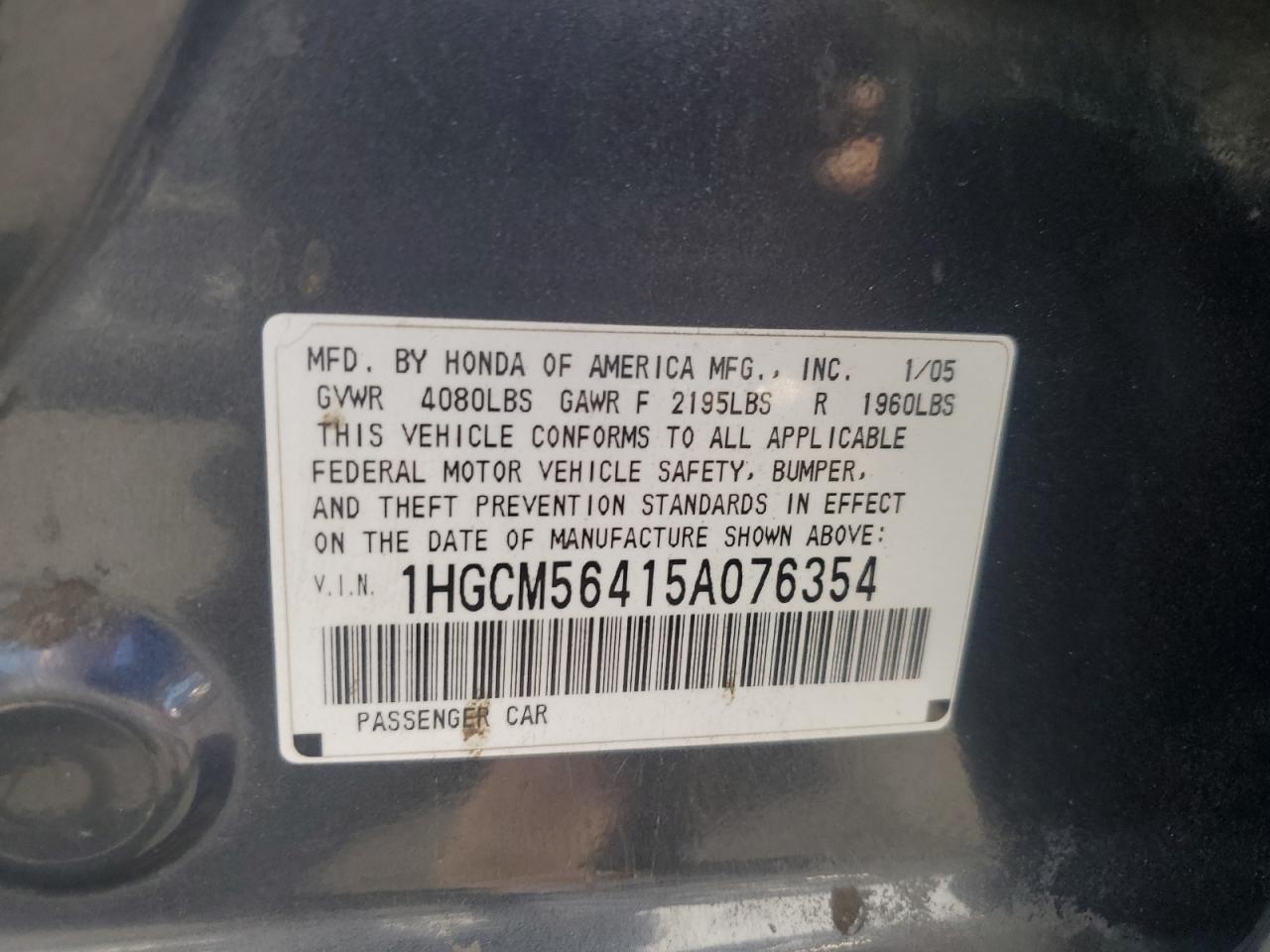 2005 Honda Accord Lx VIN: 1HGCM56415A076354 Lot: 59310505