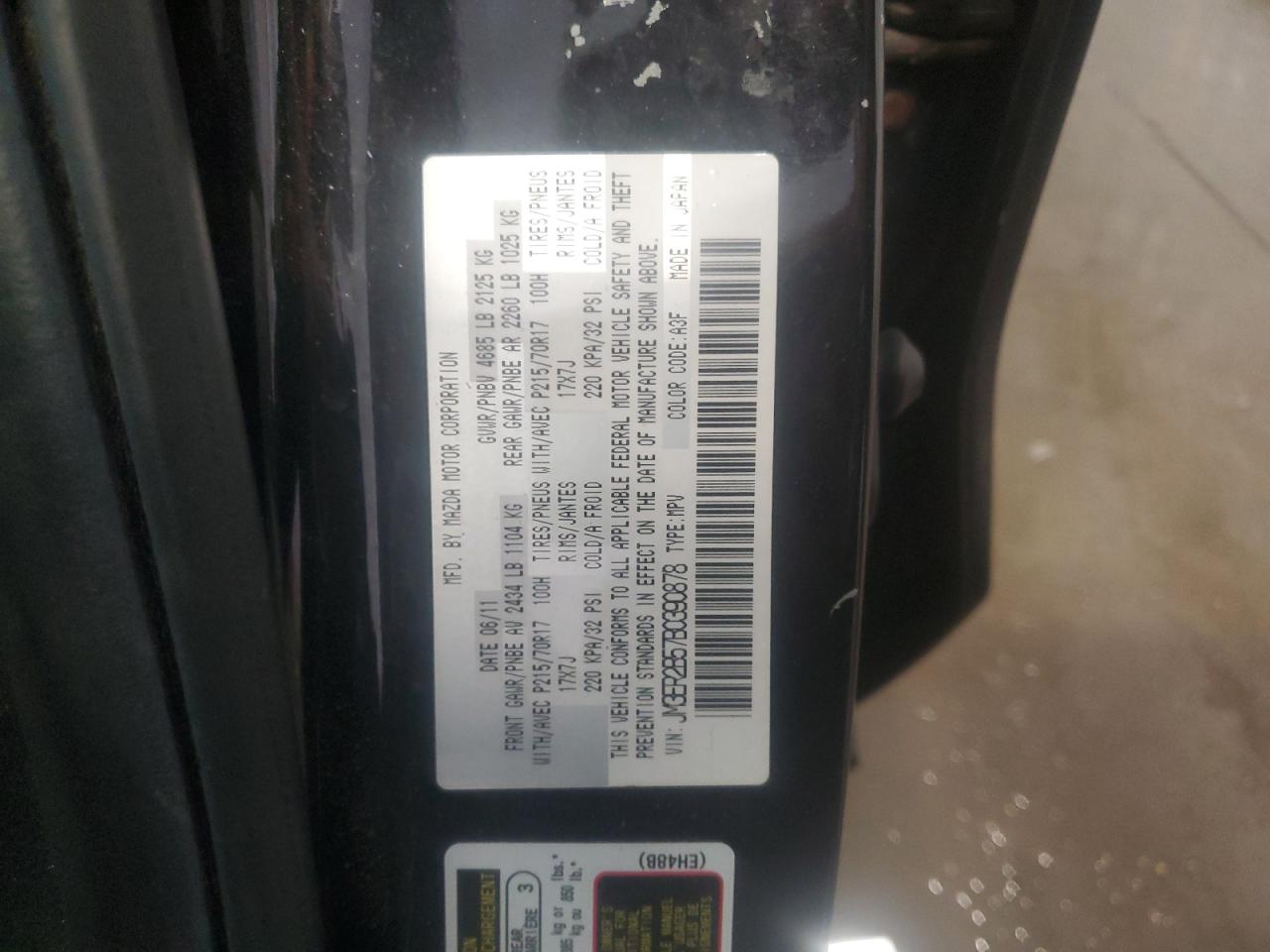 2011 Mazda Cx-7 VIN: JM3ER2B57B0390878 Lot: 59898365