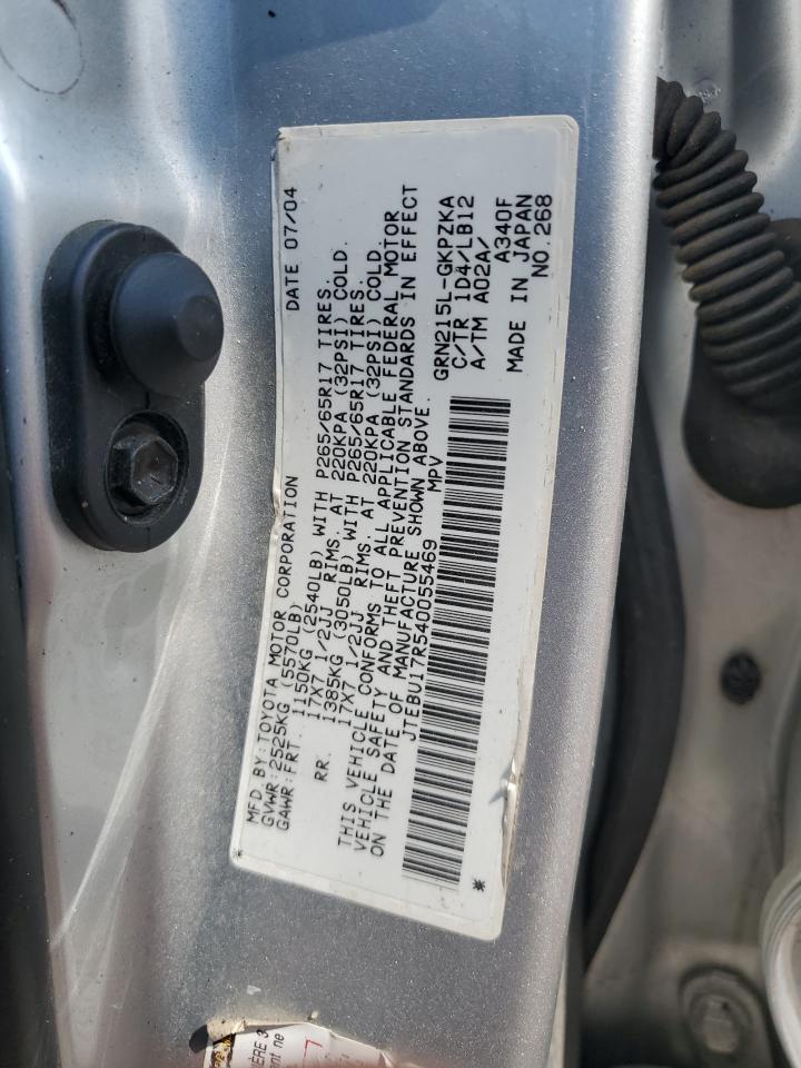 2004 Toyota 4Runner Limited VIN: JTEBU17R540055469 Lot: 61878675