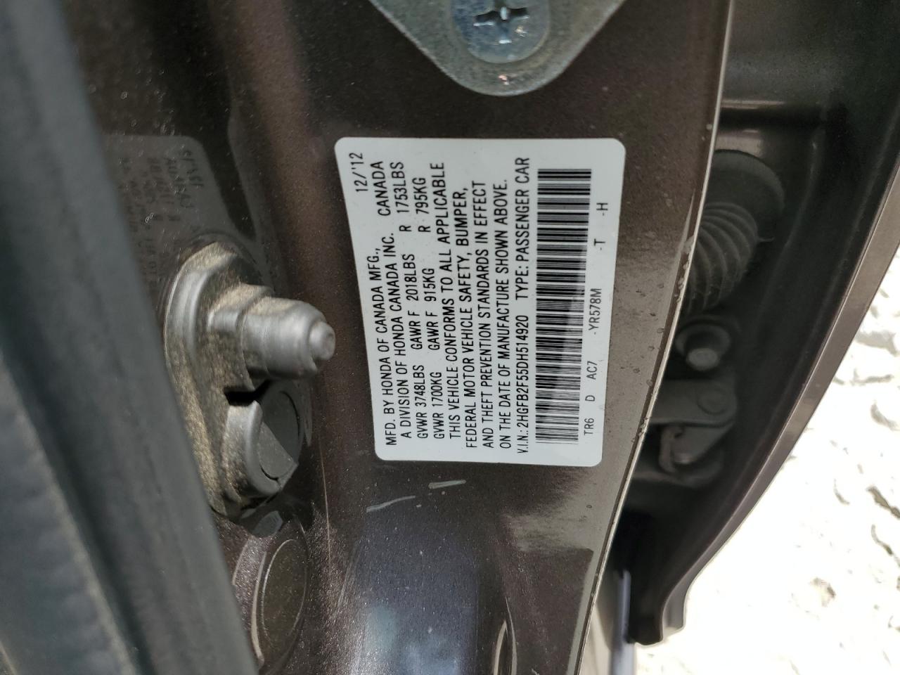 2013 Honda Civic Lx VIN: 2HGFB2F55DH514920 Lot: 62264405