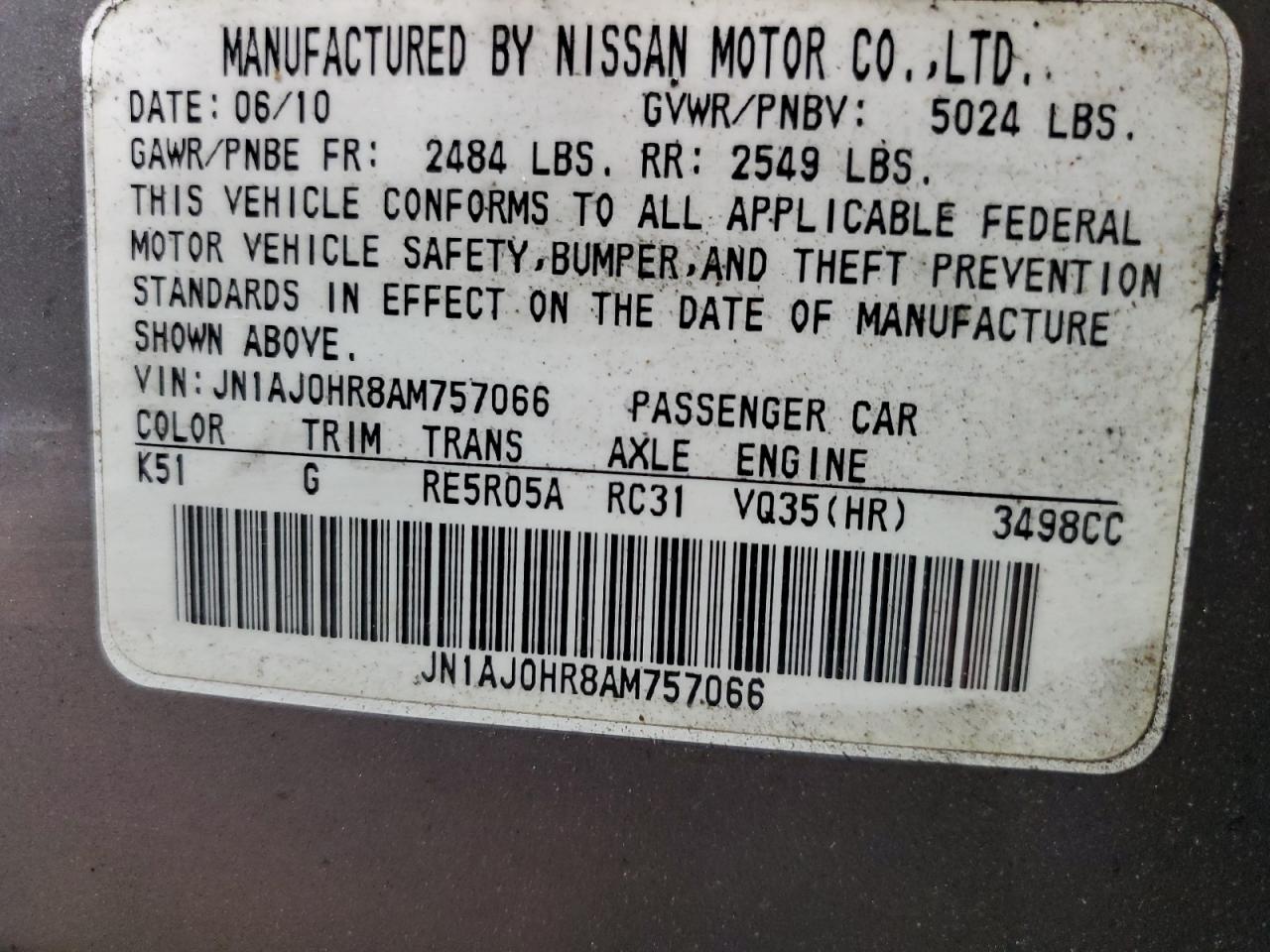 2010 Infiniti Ex35 Base VIN: JN1AJ0HR8AM757066 Lot: 59884735