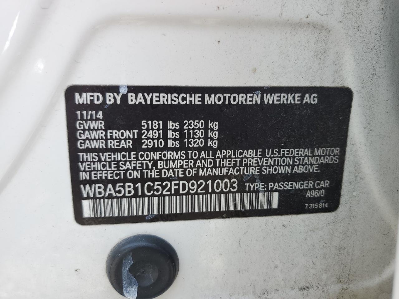 2015 BMW 535 I VIN: WBA5B1C52FD921003 Lot: 62734445