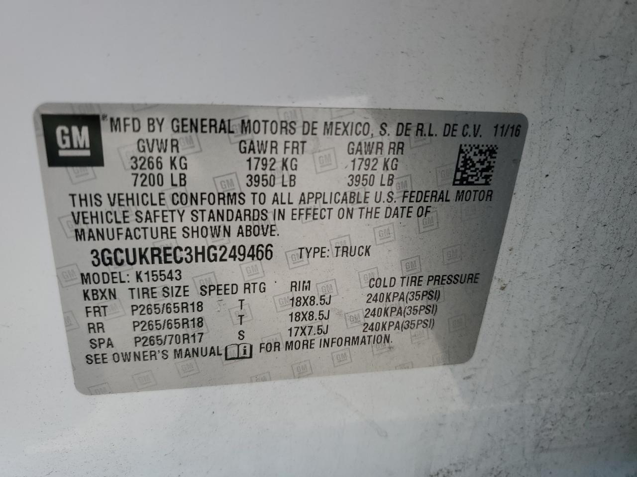 2017 Chevrolet Silverado K1500 Lt VIN: 3GCUKREC3HG249466 Lot: 58291405