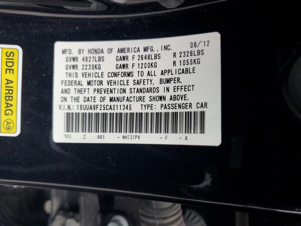2012 Acura Tl VIN: 19UUA9F25CA011345 Lot: 62202185