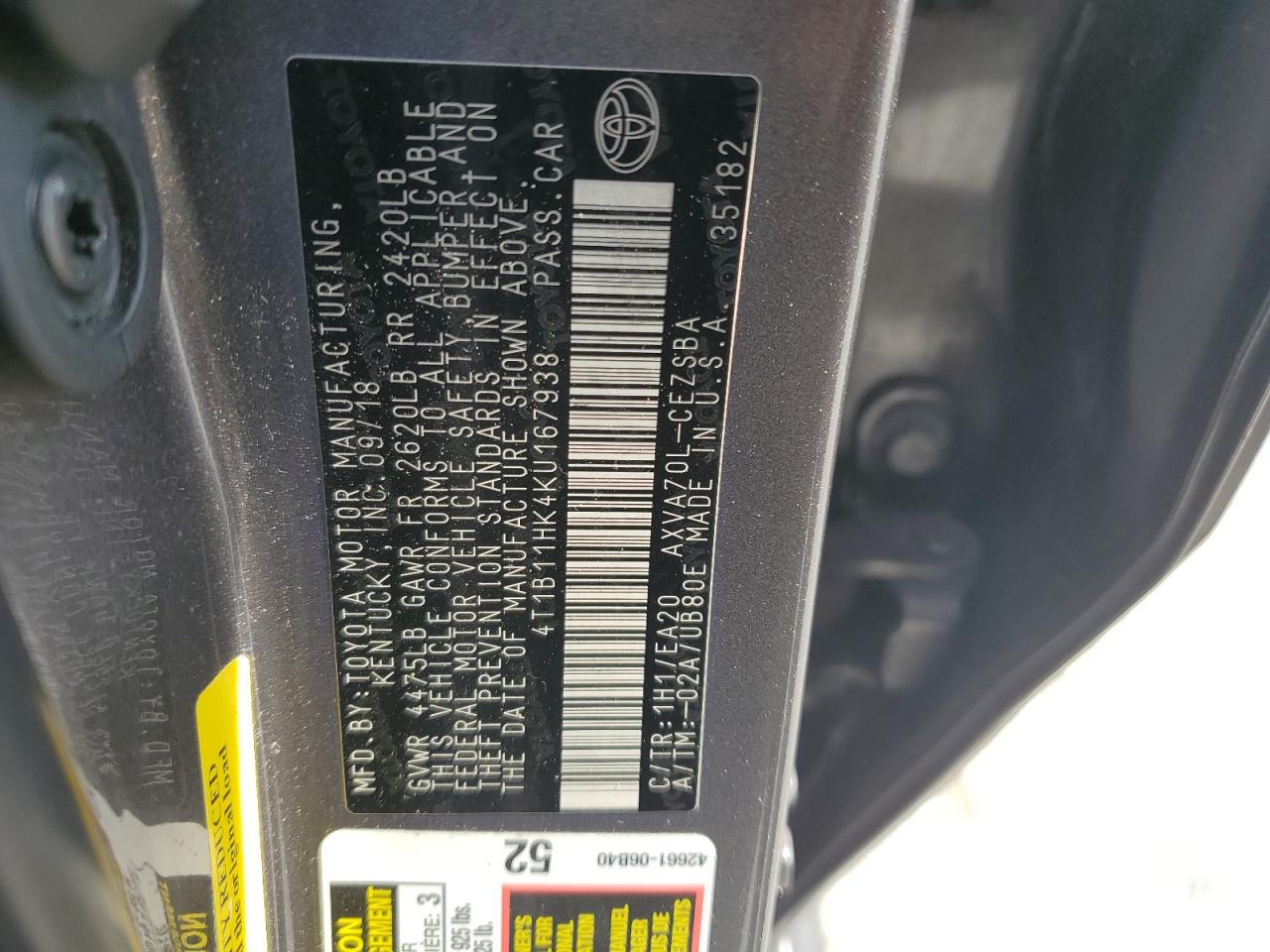 TOYOTA CAMRY 2019 VIN 4T1B11HK4KU167938 фото 12