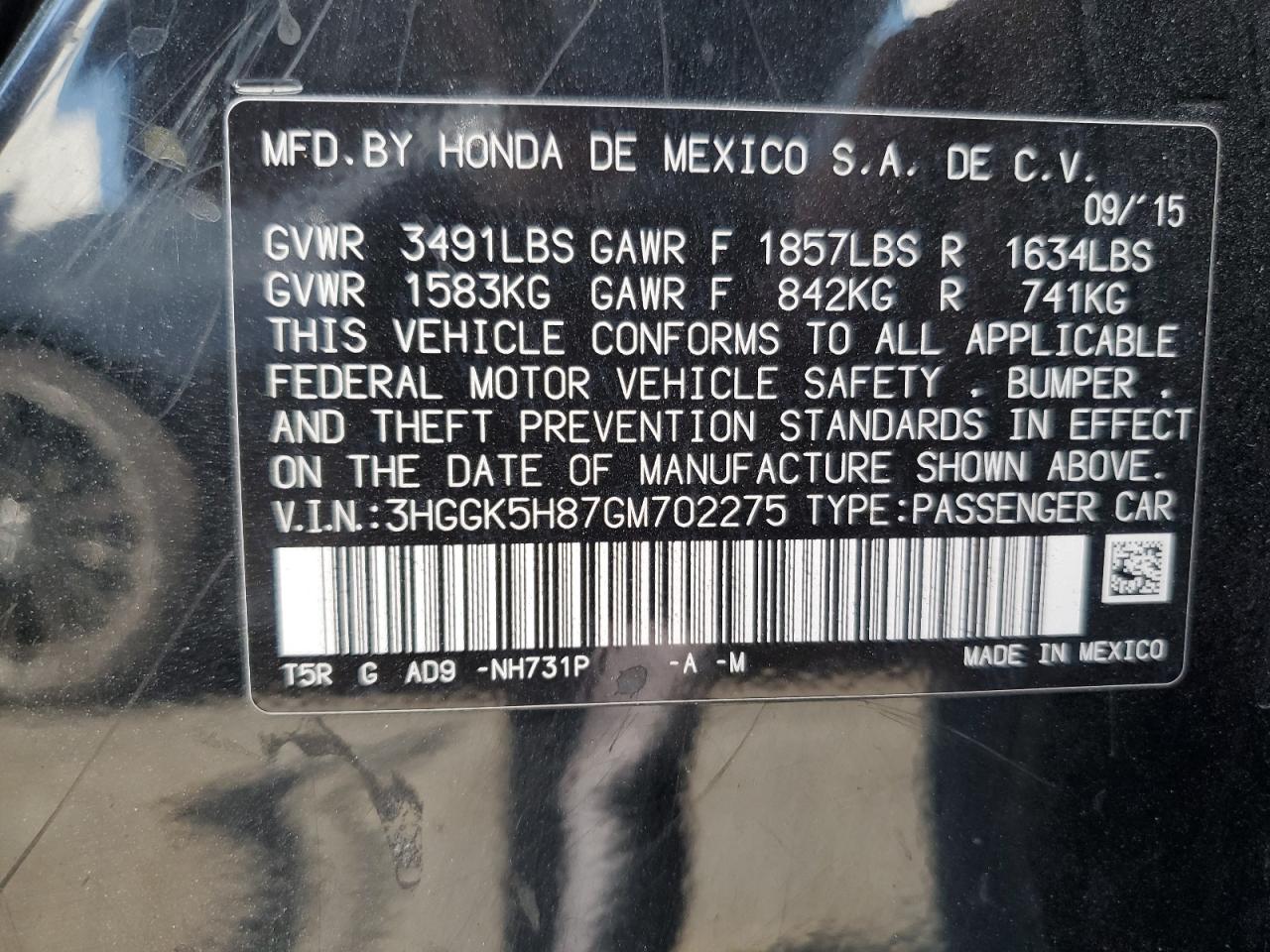 2016 Honda Fit Ex VIN: 3HGGK5H87GM702275 Lot: 62848385